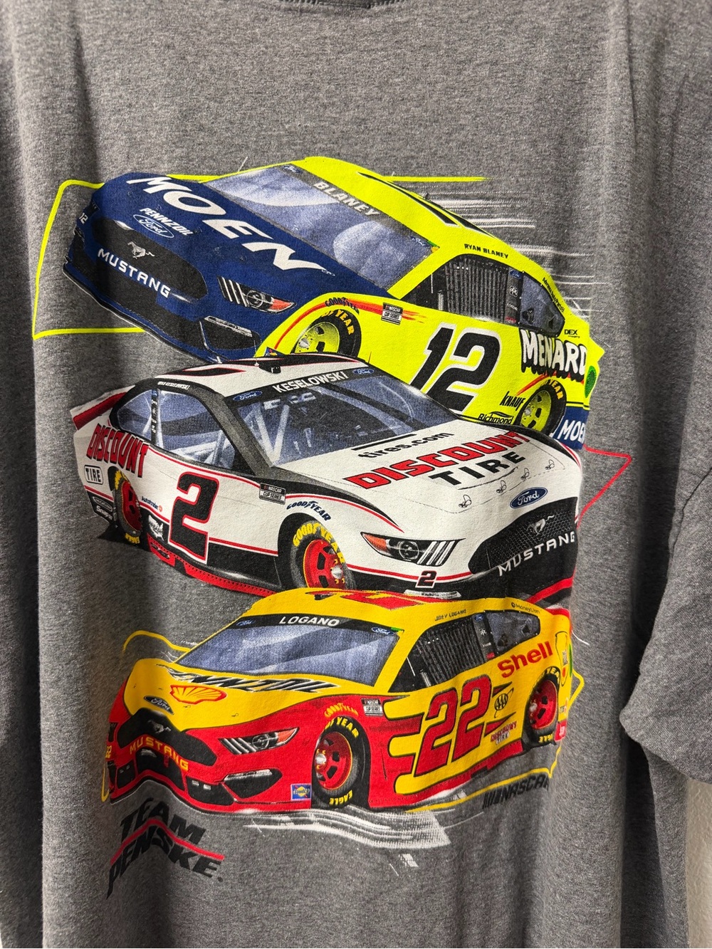 Nascar Men's Gray Long Sleeve Tee with Yellow, Red & Blue Race Cars